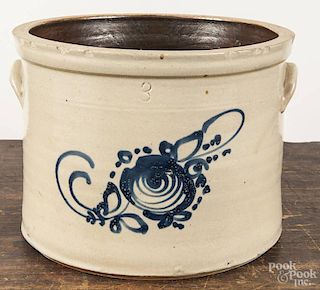 Stoneware three-gallon crock, 19th c., with cobalt floral decoration, 8 1/2'' h.