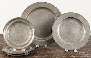 Seven English pewter plates, ca. 1800, largest - 12'' dia.