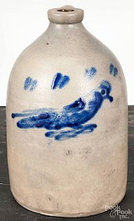 Stoneware jug, 19th c., with cobalt bird decoration, 11'' h.