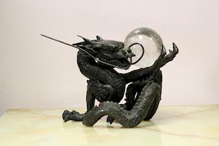 Chinese Bronze Dragon Holding A Rock Crystal Ball