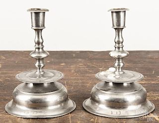 Pair of English pewter bell base candlesticks, 18th c., 6 1/2'' h.