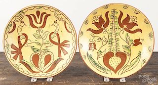 Four Lester Breininger redware plates, signed and dated 2002, largest - 11 1/2'' dia.