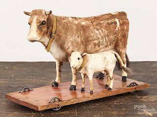 Cow pull toy, ca. 1900, 11'' l.