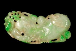 Jadeite Pendant Carved as Gourds & a Fox -19th C.