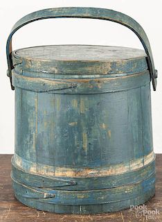 Painted pine firkin, 19th c., retaining an old blue surface, 12'' h.