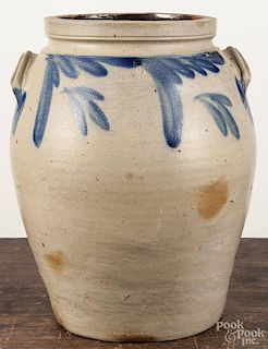 Pennsylvania five-gallon stoneware crock, 19th c., with cobalt floral spray, 15 1/4'' h.