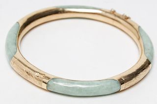 14K Gold & Green Jade Chinese Bangle Bracelet