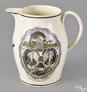 English Liverpool pitcher, dated 1802, the front with an American eagle flanked by a memorial of
