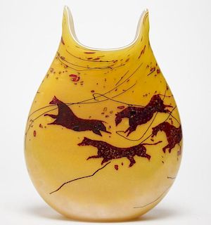 J & H Fields Art Glass "Horse Petroglyphs" Vase