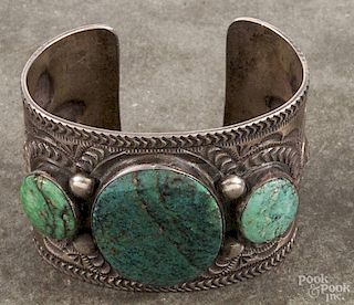 Navajo silver and turquoise cuff bracelet stamped HS.