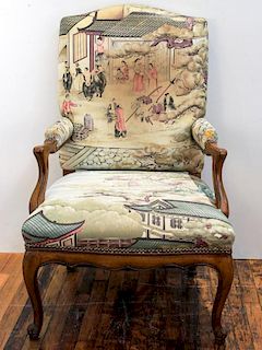 Louis XV-Style Bergere, Chinoiserie-Upholstered