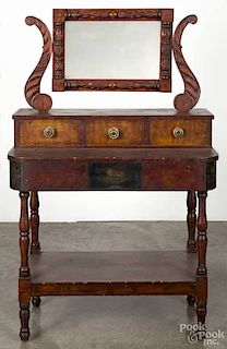 New England Sheraton painted pine dressing table, 19th c., retaining its original grained surface wi