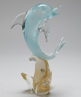 Murano Venetian Glass Dolphin Sculpture on Base
