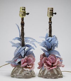 Mid-Century Boudoir Lamp Pair w Pink Glass Roses