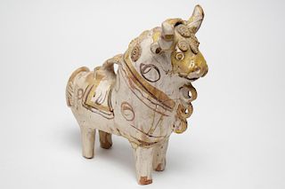South American Folk Art Pottery Bull, Hand-Painted