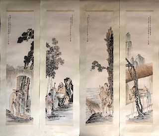 Set of 4 Pieces Chinese Ink/Color Scroll Painting