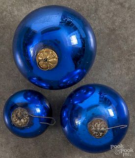 Three cobalt round kugels, approx. 1 3/4'' dia., 2 1/2'' dia. and 3'' dia.