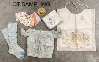 Large group of miscellaneous fabrics, 19th/20th c., to include a Victorian printed bib, hankies, a d
