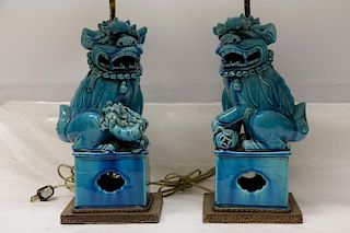 Pair of Antique "Feng Shui" Foo Dog Lion Lamps