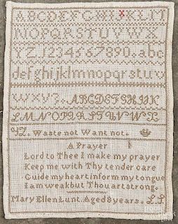 Needlework sampler, late 19th c., wrought by Mary Ellen Lunt, 9 1/2'' x 7''.