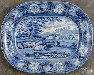 Staffordshire blue and white transferware platter, 19th c., with a bucolic landscape, 16 1/2'' w., 13