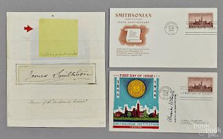 James Smithson signature, with related Smithsonian envelopes, dated 1946, 1 1/4'' x 4 1/2''.