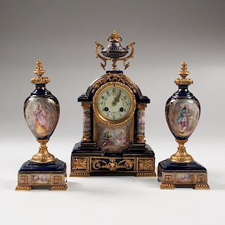 French Porcelain Clock Garniture Set, Lot of Three