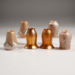 Three Pairs Quezal Art Glass Shades, Plus, Lot of Seven