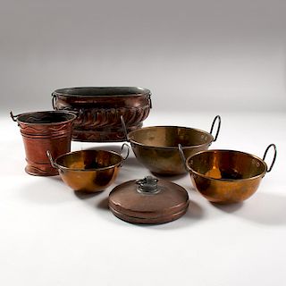 Copper Bowls, Pots and Hot Water Bottle, Lot of Six