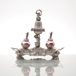 Silver Figural Inkstand with Cranberry Glass Wells