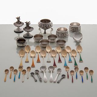 Sterling Salt Cellars and Spoons, Plus, Lot of Forty-Two