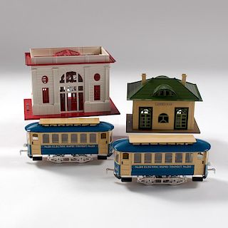 Lionel Classics Train Stations and Trolley Cars, Lot of Four