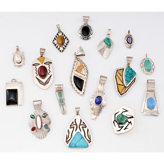 Southwestern Stamped and Carved Silver with Inlaid Stone Pendants; from the Estate of Lorraine Abell (New Jersey, 1929-2015)