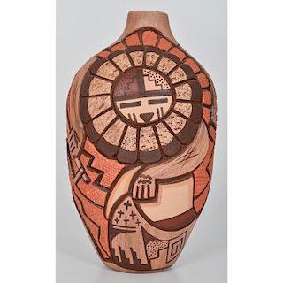 Tom Polacca (Hopi, 1935-2003) Carved Sunface Katsina Pottery Vase