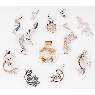 Silver Kokopelli Pendants and Pins; from the Estate of Lorraine Abell (New Jersey, 1929-2015)