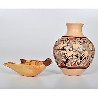 Fannie Nampeyo (Hopi, 1900-1987) Bird Shaped Ashtray PLUS Clinton Polacca Namapeyo  (Hopi, b.1958) Pottery Jar