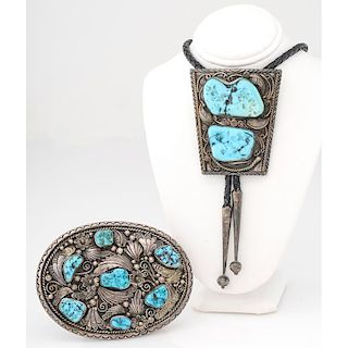 Navajo Silver Applique and Turquoise Nugget Bolo AND Belt Buckle
