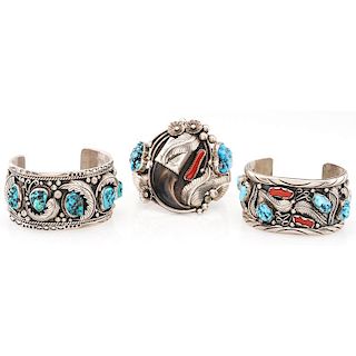 Navajo Silver Applique Cuff Bracelets with Turquoise and Coral Cabochons