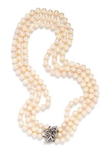 A White Gold, Diamond and Triple Strand Cultured Pearl Necklace,