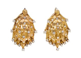 A Pair of Yellow Gold and Diamond Folaite Pendants, 9.70 dwts.