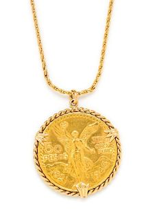 A Yellow Gold and Mexico 50 Pesos Coin Pendant, 43.50 dwts.
