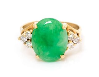 A 18 Karat Yellow Gold, Jade and Diamond Ring, 3.30 dwts.