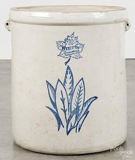Western Stoneware Co. ten-gallon crock, ca. 1900, with stenciled foliate decoration, 17 1/2'' h.