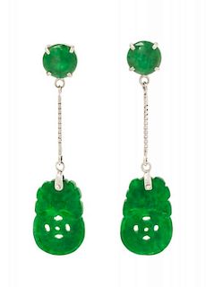 A Pair of White Gold and Jade Pendant Earrings, 1.50 dwts.