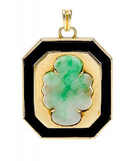 A Yellow Gold, Jadeite Jade and Onyx Pendant, Trio, 10.50 dwts.