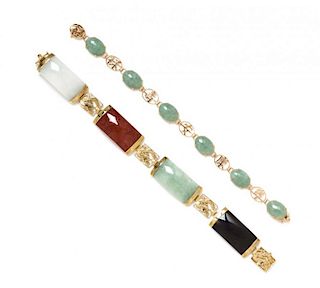 A Collection of 14 Karat Yellow Gold and Jade Bracelets, 18.40 dwts.