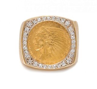 A Yellow Gold and US $2 1/2 Indian Head Gold Coin Ring, 11.40 dwts.