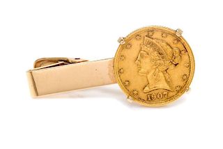 A 14 Karat Yellow Gold and US $5 Gold Coin Tie Clip, 10.30 dwts.
