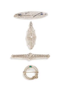 A Collection of Art Deco, White Gold, Diamond and Gemstone Brooches, 7.60 dwts.