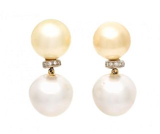 A Pair of 14 Karat Yellow Gold, Cultured South Sea Pearl, Faux Pearl and Diamond Earclips, 11.20 dwts.